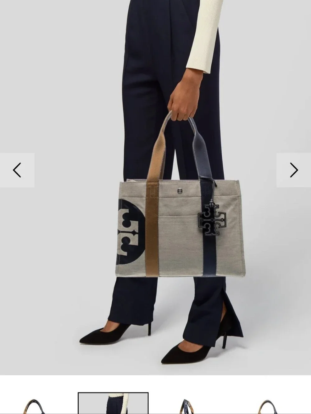 Tory Burch Ella Canvas Logo Tote Natural Navy Tan Double T Bag